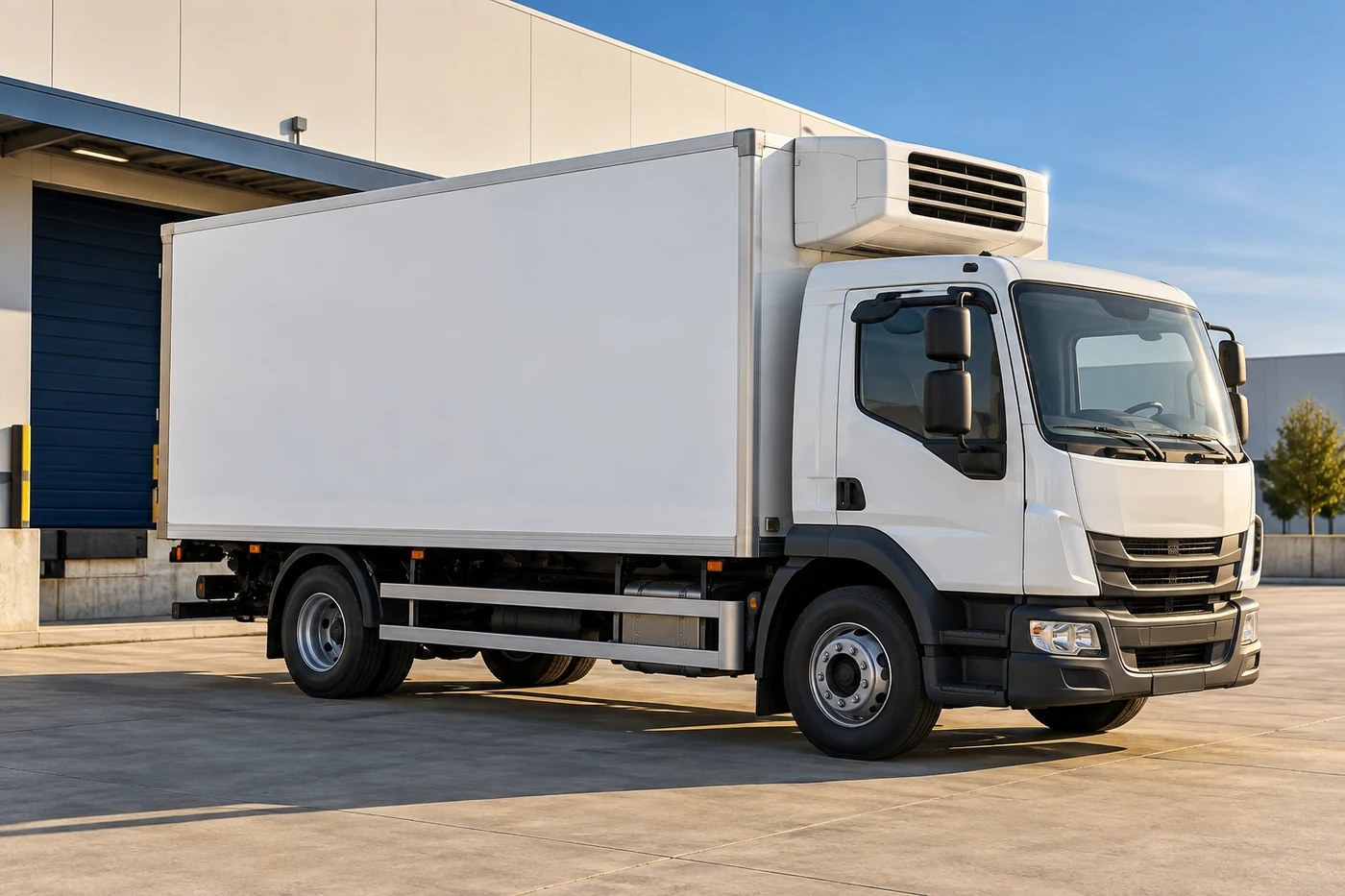 Illustrative refrigerated delivery truck at a supply facility